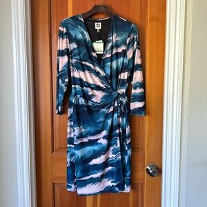 ANNE KLEIN Wrap Dress, Tie Waist, Blue Ocean Multi Print, Size PL